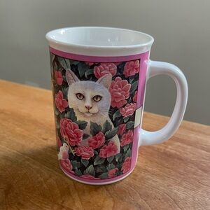 Vintage 90s Otagiri x Elizabeth Brownd Cat Mug Cup Pink Floral Kitten White Rose